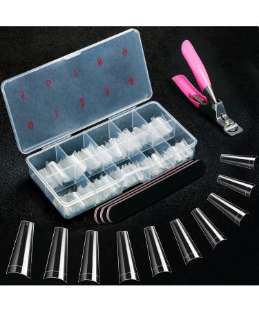 BHYTAKI 500 Pcs Coffin Nail Tips with Box - Clear Acrylic Ballerina Shaped Nail Tips Half Cover French Nail Tips with 1 Clipper Cutter Trimmer and 3 Nail Files, for Home DIY and Nail Salons (10 Sizes)