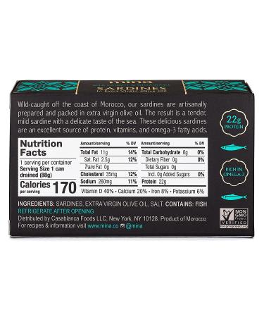 Mina Wild-Caught Gourmet Sardines in Extra Virgin Olive Oil - Hand-Packed, Responsibly Sourced, Low Sodium, High Protein - Keto & Paleo Friendly - 4.4oz (12 Pack) - Buy Online on GoSupps.com
