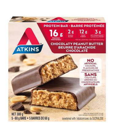 Atkins Protein Bars - Chocolaty Peanut Butter Low Sugar Keto Friendly High Protein High Fibre 2g Sugar 3g Carbs 5ct