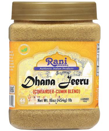 Rani Dhana-Jeeru (Coriander-Cumin Blend 50-50) Powder 16oz (1lb) 454g PET Jar Natural | Salt Free | Vegan | Gluten Friendly | Non-GMO | Kosher | Indian Origin Net Wt. 16oz (1lb) 454g