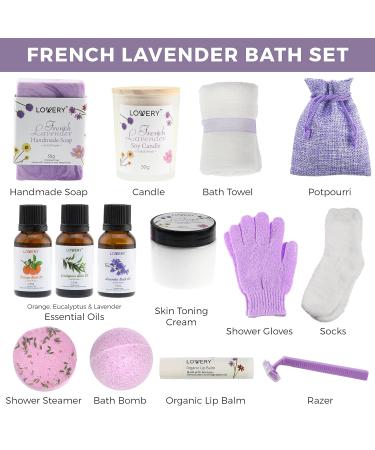 Luxury 18pc Bath Gift Set | French Lavender Spa Basket for Men & Women | Handmade Relaxation Kit with Body Oils Lip Balm Candle & Bath Bombs - Buy Online on GoSupps.com