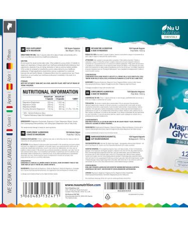 Magnesium Glycinate 3-in-1 Complex 1813mg - 120 Vegan Capsules - Triple High Absorption Bisglycinate Citrate & Malate - 384mg Elemental Mag per Serving - Made in The UK - Nu U Nutrition - Buy Online on GoSupps.com