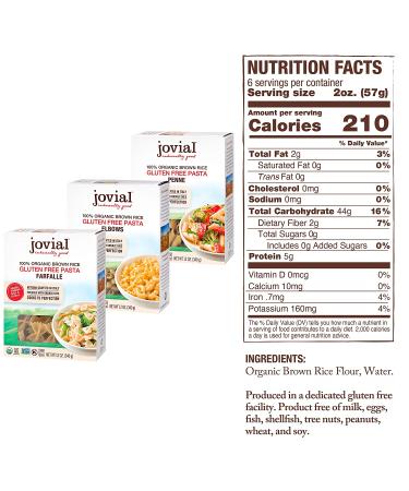 Jovial Organic Pasta Variety Pack - Farfalle, Elbows, Penne Rigate | Whole Grain Brown Rice | Gluten-Free & Non-GMO | Lower Carb | Made in Italy | 12 oz Each (3-pack) - Buy Online on GoSupps.com