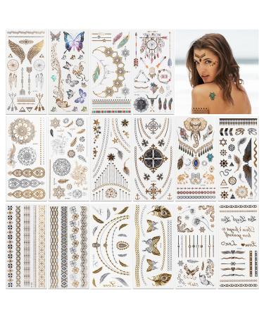 Metallic Temporary Tattoos  Sightor 16 Sheets Temporary Transfer Tattoos for Women  Waterproof Temporary Tattoos Gold Silver Shimmer Designs Flash Tattoo Stickers