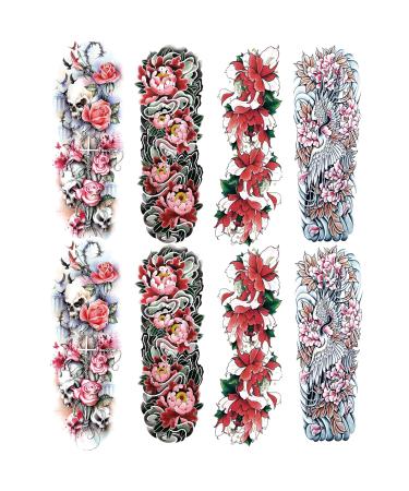 Large Flower Full Arm Temporary Tattoos For Women Realistic Vine Peony Rose Flower Fake Temporary Tattoo Sleeves Stickers Waterproof Leg Makeup Floral Blossom Tatoos,8-Sheet