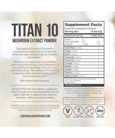 LRLA SUPERFOODS La Republica Titan 10 Organic Mushroom Powder for Focus Immunity Energy Gut Health and Skin (85 Servings 3 oz) - Buy Online on GoSupps.com