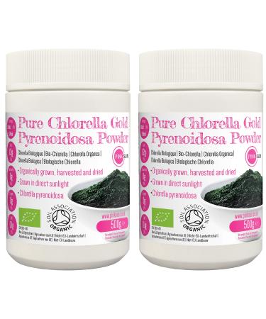 PINK SUN Organic Chlorella Pyrenoidosa Powder 1kg (500g x 2) Broken Cell Wall Cracked Gluten Free Non GMO Suitable for Vegetarians and Vegans Certified Organic by The Soil Association Bulk Buy