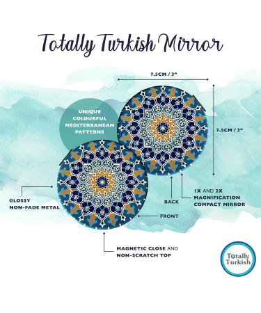 Totally Turkish Metal Compact Mirror Small Folding Round Mirror With Magnetic Close 1x & 2x Magnification For Handbags Make-Up Travel & Commutes Bright & Funky Geometric Pattern (Dantela) - Buy Online on GoSupps.com