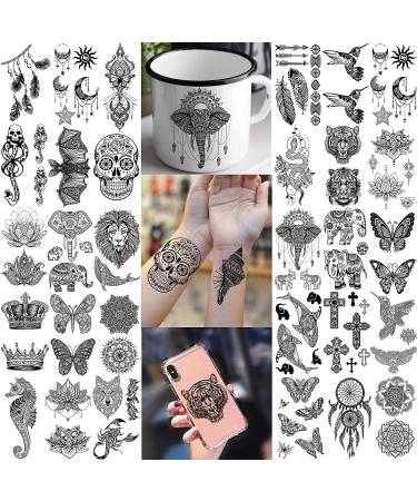 Shegazzi 58 Sheets Black Lace Temporary Tattoos for Women - Large Lotus Mandala Flower Snake Elephant Butterfly Fake Tattoos Kit - Indian Tribal Skull Tattoos Adults - Arm Sleeve Neck Wedding - Buy Online on GoSupps.com