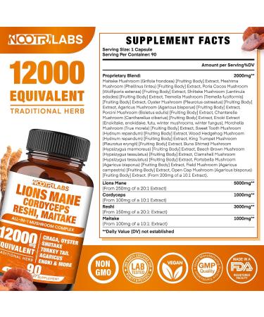 Mushroom Complex 12000mg Capsules - Lions Mane Cordyceps Reshi Maitake - Nootropics Brain Boosts Memory Energy Cognitive Function & Improves Focus Immune System Antioxidant - 90 Vegan Capsules - Buy Online on GoSupps.com