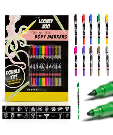 Looney Zoo Temporary Tattoo Markers for Skin, 10 Body Markers + 20 Large Tattoo Stencils for Kids and Adults, Dual-End Tattoo Pens Make Bold and Fine Lines with Cosmetic-Grade Temporary Tattoo Ink