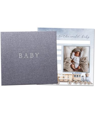 Peachly Baby Boy Memory Book | Planes & Trains Baby First Year Keepsake for Milestones | Baby Books First Year Memory Book | Simple Baby Scrapbook for Boy Milestones | Grey Linen