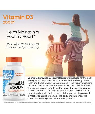 Doctor's Best Vitamin D3 50 mcg (2000 IU) - 180 Softgels for Immune Health - Buy Online on GoSupps.com
