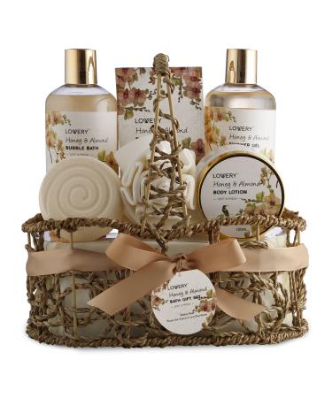 Home Spa Gift Basket - Honey & Almond Scent - Luxury Bath & Body Set For Women and Men With Shower Gel, Bubble Bath, Body Lotion, Bath Salt, Bath Bomb, Bath Puff & Handmade Weaved Basket