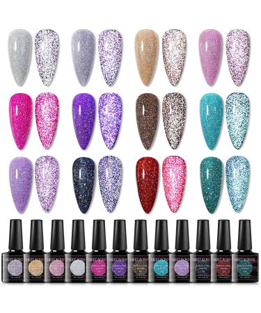 Reflective Glitter Gel Polish, Sparkly Shiny Disco DJ Gel Nail Polish, Glitter Diamond Nail Art Varnish, Soak Off UV LED Nail Gel 12PCS 8ML by MEET ACROSS Reflective Glitter-12PCS