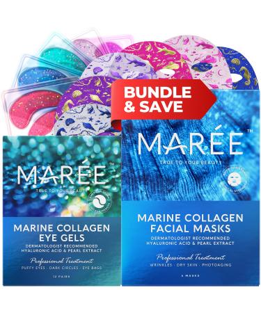 MAREE Pearl Eye Masks & Facial Masks - Natural Marine Collagen Hyaluronic Acid Anti-Aging Treatment for Eyes & Face - Reduces Wrinkles Puffy Eyes Dark Circles Dry Skin - 12 Eye Masks 6 Face Masks