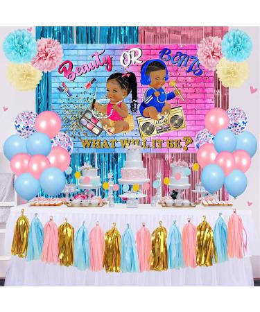 Gender Reveal Decorations,Gender Reveal Party Supplies,Beauty and Beats Reveal Backdrop Sign for Navy and Blush Baby Shower Party Supplies Beauty or Beast