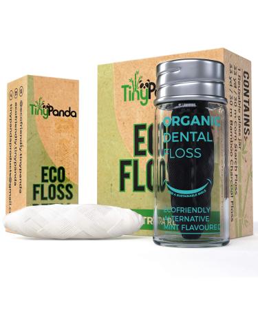 Dental Floss - Eco Friendly - Bamboo Charcoal With Refillable Glass Holder & 1 Refill Of 100% Vegan Biodegradable Corn Starch Floss |2 x Zero Waste 33yds/30m Mint Flavored Natural Floss Tiny Panda