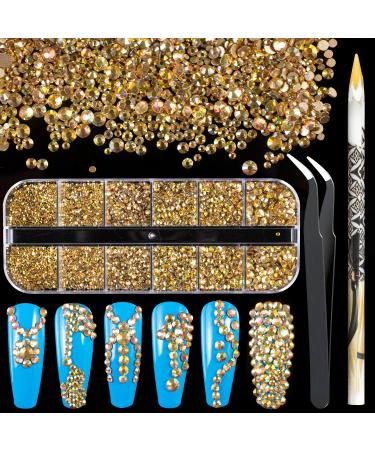3600pcs Metal Sunlight/Gold Round Rhinestones 1.8-4mm Flatback for Manicure, 6 Multi Sizes Nail Art Shine Crystal Gem Diamond Bling Set with Tweezer and Pickup Pencil Metal Sunlight/Gold Round Crystals