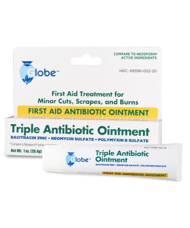Globe Triple Antibiotic First Aid Ointment  1 Oz. | 24-Hour Infection Protection  Treatment for Minor Scrapes  Burns and Cuts | (1 Tube) 1 Ounce (Pack of 1)