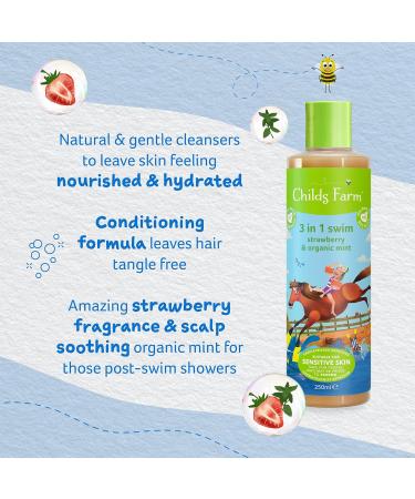 Childs Farm Kids 3 in 1 Swim Body Wash Shampoo & Conditioner - Strawberry & Organic Mint 8.4 fl oz - Ideal for Dry Sensitive & Eczema-Prone Skin - Buy Online on GoSupps.com