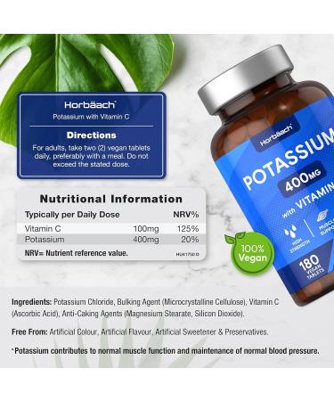 Potassium Supplement 400mg with Vitamin C | 180 Vegan Tablets | Potassium Chloride for Normal Blood Pressure & Muscle Support | No Artificial Preservatives | by Horbaach - Buy Online on GoSupps.com