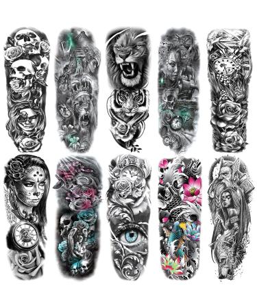 10 Sheets Temporary Tattoo for Men and Women (L19 xW7 )  Full Arm Fake Tattoos for adults Waterproof Realistic Sleeve Tattoos Long lasting