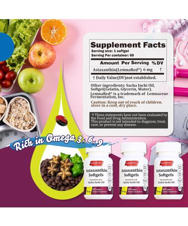 LemnaRed Free-Form Astaxanthin 6mg Softgel-60 Softgels Dietary Supplement Strongest Antioxidant Immune Supports Supports Eye Joint & Skin Health Formulated with Sacha Inchi Oil - Buy Online on GoSupps.com