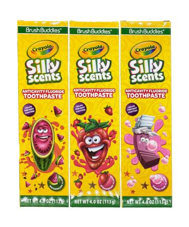 Brush Buddies Silly Scents 4oz Anticavity Fluoride Toothpaste - Set of 3 Flavors (Strawberry Watermelon & Bubble Gum)
