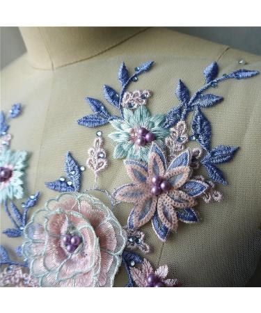 IXUEYU Lace Fabric 3D Flowers Appliques with Beads & Rhinestones - DIY Wedding Decor Dress Patch (Blue + Purple) - Buy Online on GoSupps.com