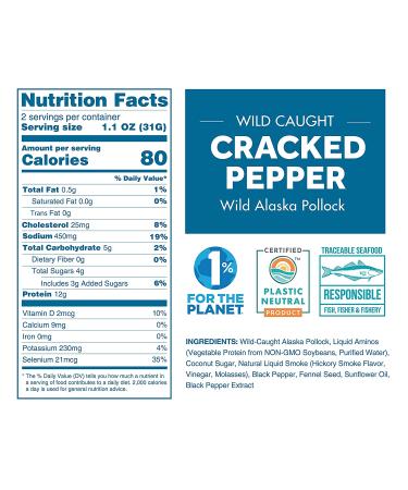 Neptune Wild Alaska Pollock Fish Jerky - Cracked Pepper 2.2oz | Organic, Gluten-Free, Paleo | 25g Protein, 450mg Omega 3s | Sustainably Sourced from US Fisheries - Buy Online on GoSupps.com