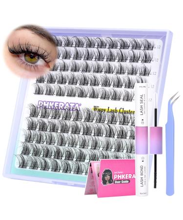 Wispy Individual Eyelashes DIY Lash Extension Kit Natural Clear Band Cluster Lashes with Lash Glue Bond and Seal and Lash Tweezers C Curl Fluffy Lashes Individual Cluster by PHKERATA(100Pcs 12/14MM) Wispy Kit C Curl