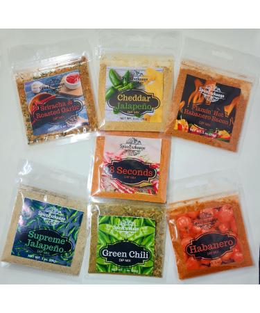 Spice Exchange 7 Spicy Dip Mix Variety Pack - Jalapeno Spinach Dip Flamin' Hot Habanero-Bacon Dip - Sriracha & Roasted Garlic Dip - Green Chili Dip - Habanero Dip - Cheddar Jalapeno Dip - 8 Seconds