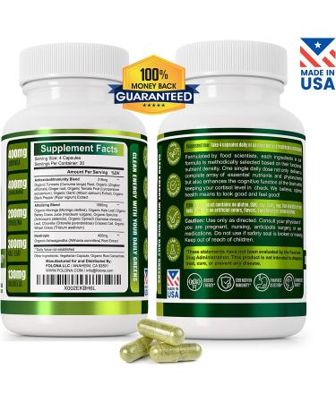 Organic Vegan Super Greens Capsules with Ashwagandha - Immune Support & Energy Boost - Detox Pills with Chlorella, Moringa, Spirulina, Turmeric, Kale - Whole Food Nutrients for Improved Digestion - Buy Online on GoSupps.com