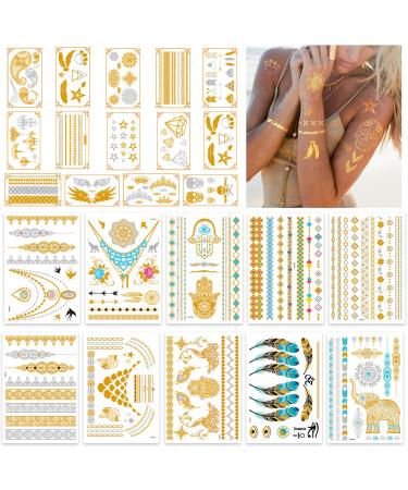 24 Sheets Gold Temporary Tattoos for Women Girls Adults - Over 300 Shimmer Waterproof Fake Tatoos - Gold Tattoos Metallic Stickers in Bracelets  Feathers  Wrist and Arm Bands