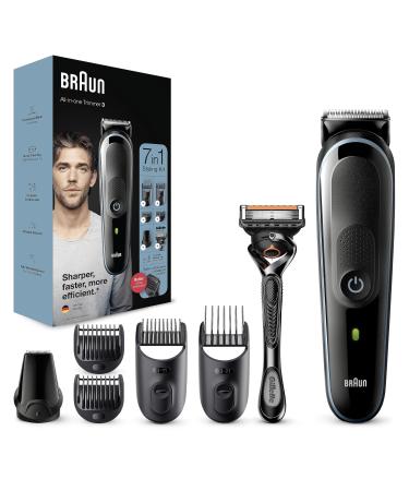 Braun 7-in-1 All-In-One Series 3 Male Grooming Kit With Beard Trimmer Hair Clippers Gillette Razor & Precision Trimmer 5 Attachments Gifts For Men UK 2 Pin Plug MGK3245 Black/Blue Razor