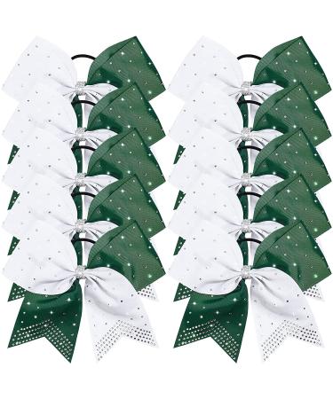 DEEKA 10 PCS Two Toned Large Rhinestone Cheer Hair Bows - Green/White | Handmade for Teen Girls & Sports - 7 Inch Glitter Ponytail Holders (Pack of 10) - Buy Online on GoSupps.com
