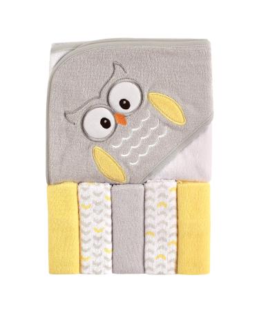 Luvable Friends Unisex Baby Hooded Towel with Five Washcloths, Owl, One Size Owl One Size