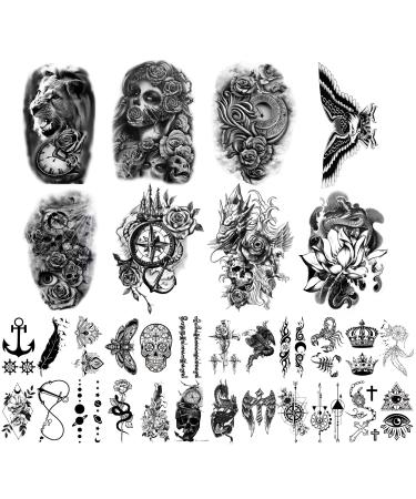 Yazhiji 32 Sheets Temporary Tattoos Stickers, 8 Sheets Fake Body Arm Chest Shoulder Tattoos for Men Women with 24 Sheets Tiny Black Temporary Tattoos