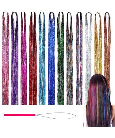 12 colors hair parts colored lametta glitter strands glitter strands hair hair extension glitter for hair with tools for women hair extensions cosplay party needs 90cm