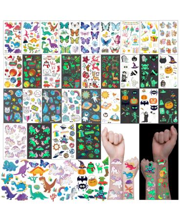 Glow In The Dark Temporary Tattoos for Kids Boys And Girls Unicorn Butterfly Dinosaur Glitter Tattoo Sticker Mixed Style Fake Individual Face Temp Tattoos for Birthday Party Favors And Festival