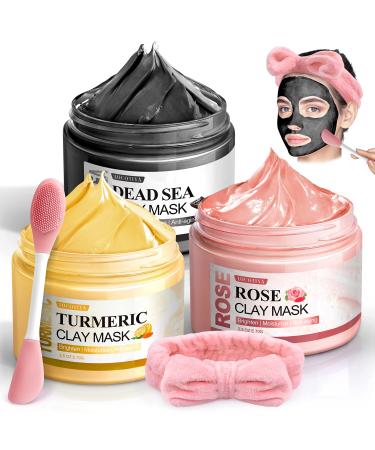 5 Pcs Face Mask Skin Care Set for Deep Pore Cleansing Turmeric Vitamin C Clay Mask  Dead Sea Mud Mask  Rose Clay Mask for Face Masks Skincare Personal Skin Care Products Gifts Headbands for Women