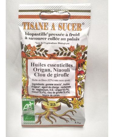 Bio Pastilles Tisane Sucer Huiles Essentielles Origan Niaouli Girofle Bio - 15g - 25 pastilles