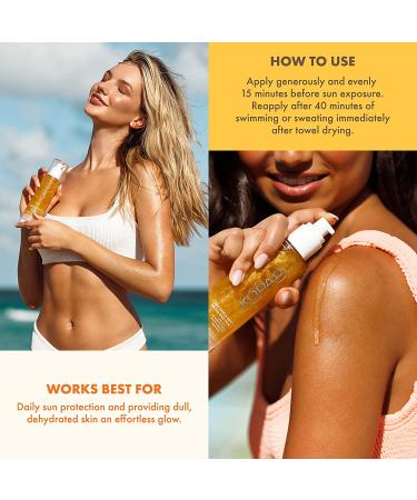 Kopari Sun Shield Body Glow SPF 50 | Sheer Sunscreen with Gold Shimmer | Sweat & Water Resistant Vegan Formula with Antioxidants | Macadamia, Hibiscus, Avocado & Coconut Oils - Buy Online on GoSupps.com