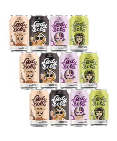(Pack of 12) Lady Boba 12 Cans. Milk Bubble Tea with Boba Pearls in a Can (10.7oz/can) with Saltation Thank You Card. Choose One from Variety of Flavors: Assorted, Classic, Brown Sugar, Taro, Matcha Latte. Ready To Drink Beverage. (Assorted)