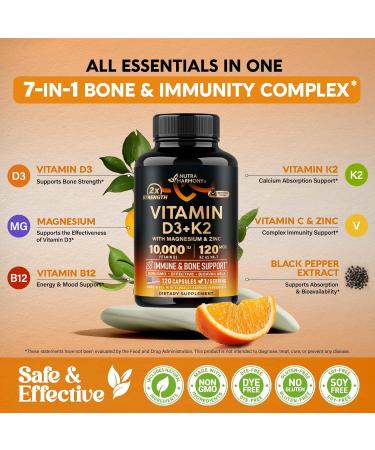 Vitamin D3 K2 - Vitamin D3 10000 iu & K2 as MK-7 120 mcg - Immune & Mood Support for Bone & Teeth Health - with Magnesium Zinc & Vitamin C & B12 - Highly Bioavailable - Made in USA 120 Capsules 120 Count (Pack of 1) - Buy Online on GoSupps.com