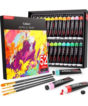Caliart Acrylic Paint Set with 4 Brushes  52 Vivid Colors (22 ml/0.74 oz) Art Craft Paints for Artists Kids Students Beginners  Halloween Decorations Canvas Ceramic Rock Painting Supplies Kits 22ml/0.74oz