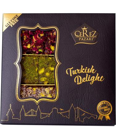 Cerez Pazari Turkish Delight Pistachio Rose & Pomegranate 8.8 oz Luxury Gift Box | Assorted Gourmet Vegan Lokum Candy - Buy Online on GoSupps.com