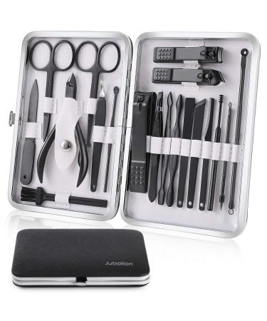 Manicure Set Jubolion 19pcs Stainless Steel Professional Nail Clippers Pedicure Set with Black Leather Storage Case Portable Grooming Kit for Travel or Home Perfect Gifts for Women and Men (Black)