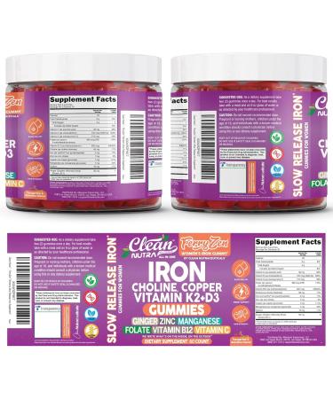 FerryZen Iron Supplement Gummies Choline Supplements Vitamin D3 K2 Ginger Folate Vitamin B12 Zinc 60 Gummies Hemoglobin Support by Clean Nutra - Buy Online on GoSupps.com